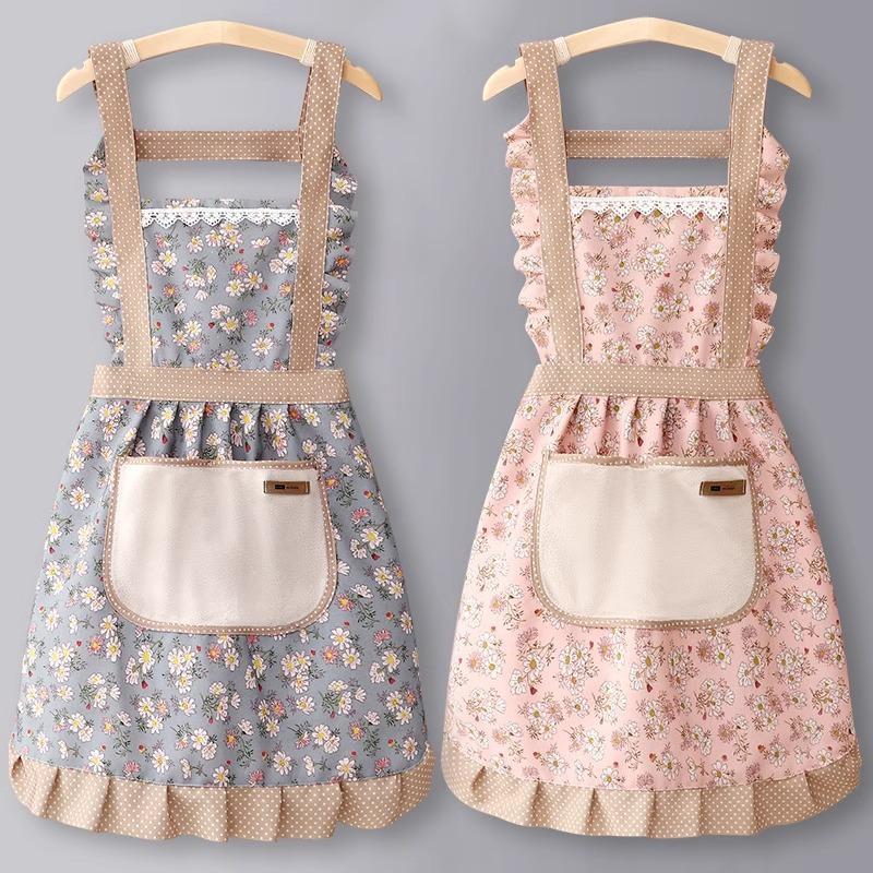 Women's Oilproof Princess Apron with Back Buckle and Large Pocket - Wipeable Kitchen Bib
