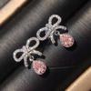 Elegant Bow Pink Diamond Earrings with Pear Shaped Yellow Zircon Drops for Women