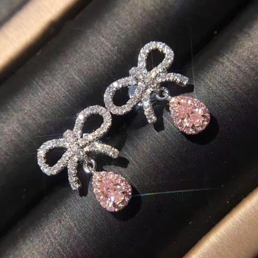 Elegant Bow Pink Diamond Earrings with Pear Shaped Yellow Zircon Drops for Women