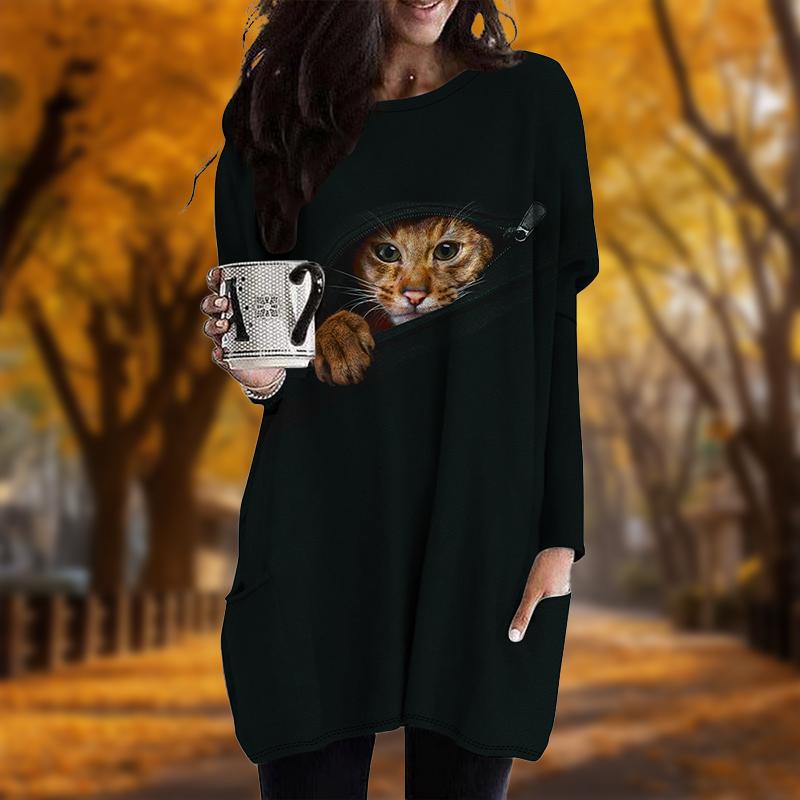 New In Autumn Zipper Cat Print Plus Size Dress Women O'neck Long Sleeves Casual Pocket Dresses