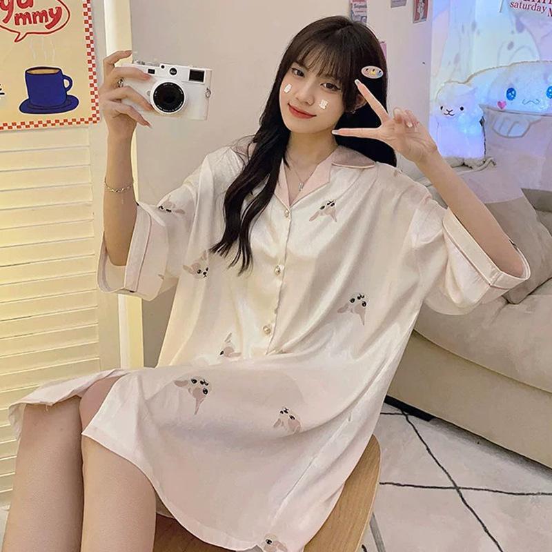 Autumn Cartoon Puppy Short-Sleeved Small Lapel Nightdress Skin-Friendly Body Comfortable Soft Loungewear Nightdress