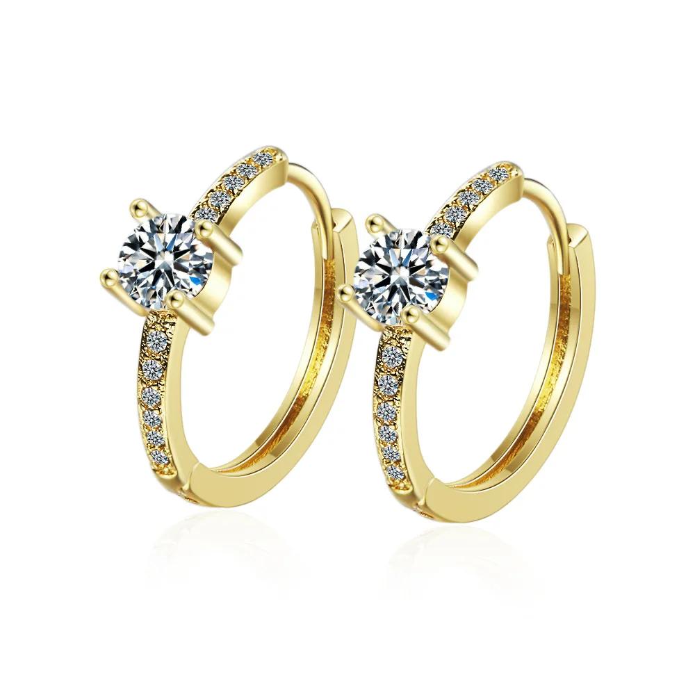 

Gold With Clear CZ 4 Claw Round Crystal Huggies Hoop Earring Anti-Allergic Jewelry For Woman Children Girl Baby Kid белый