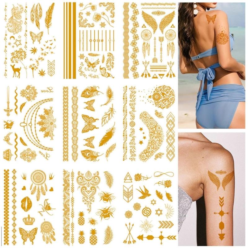 9 Blatt Premium Goldfolie Temporäre Tattoos für Partys und Events mit metallischen Designs und einfacher Anwendung
