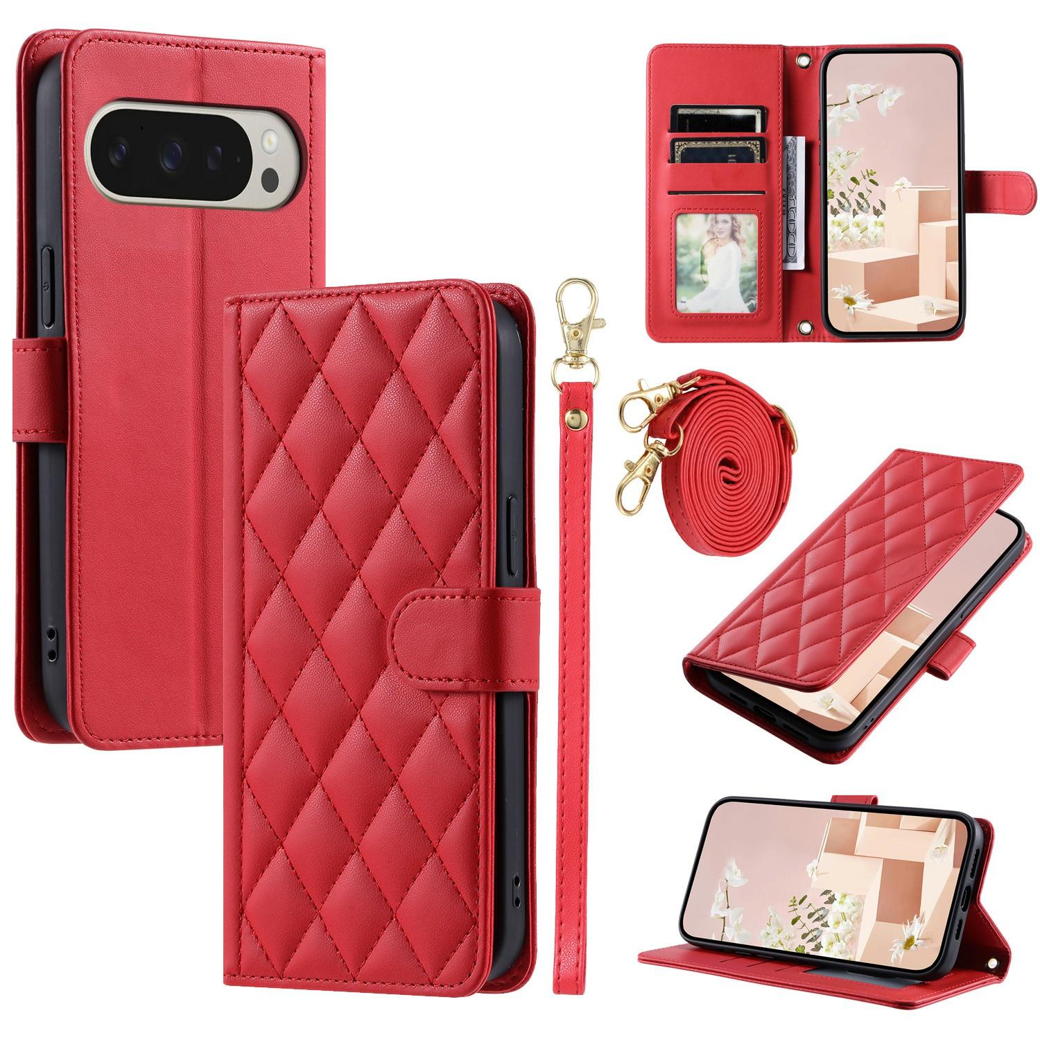 

For Google Pixel 10 Pro XL Case Wallet Rhombus Grid PU Leather Phone Cover Red