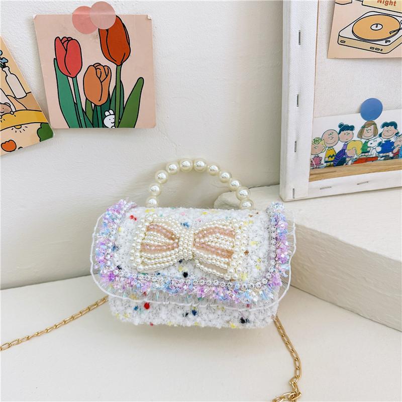 Colorful Sequin Kids Bag With Bowknot Stylish Pearl Handle Mini Crossbody Bag