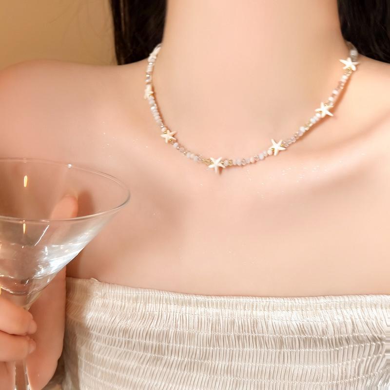Starfish Shell Crystal Beaded Necklace - Double Layered Clavicle Chain for Women, Perfect Beach Vacation Accessory