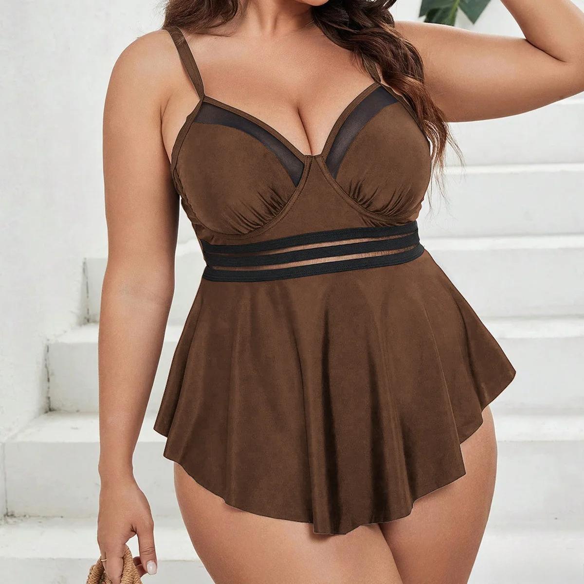 

2025 Solid Patchwork Plus Size Tankini Women Push Up High Talya Big 2 Piece Swimsuit Backless Beach Large Bathing Suit 0XL коричневый