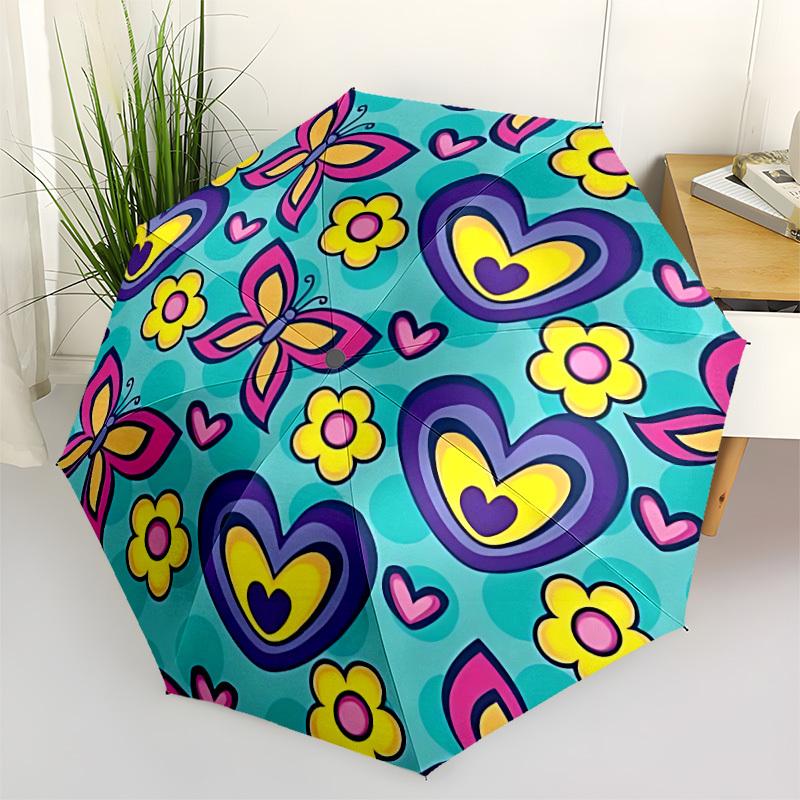 

1pc Butterfly Heart Floral Pattern Automatic Opening and Closing Folding Umbrella with 8 Iron Ribs - Portable, Foldable for Travel yy251124058