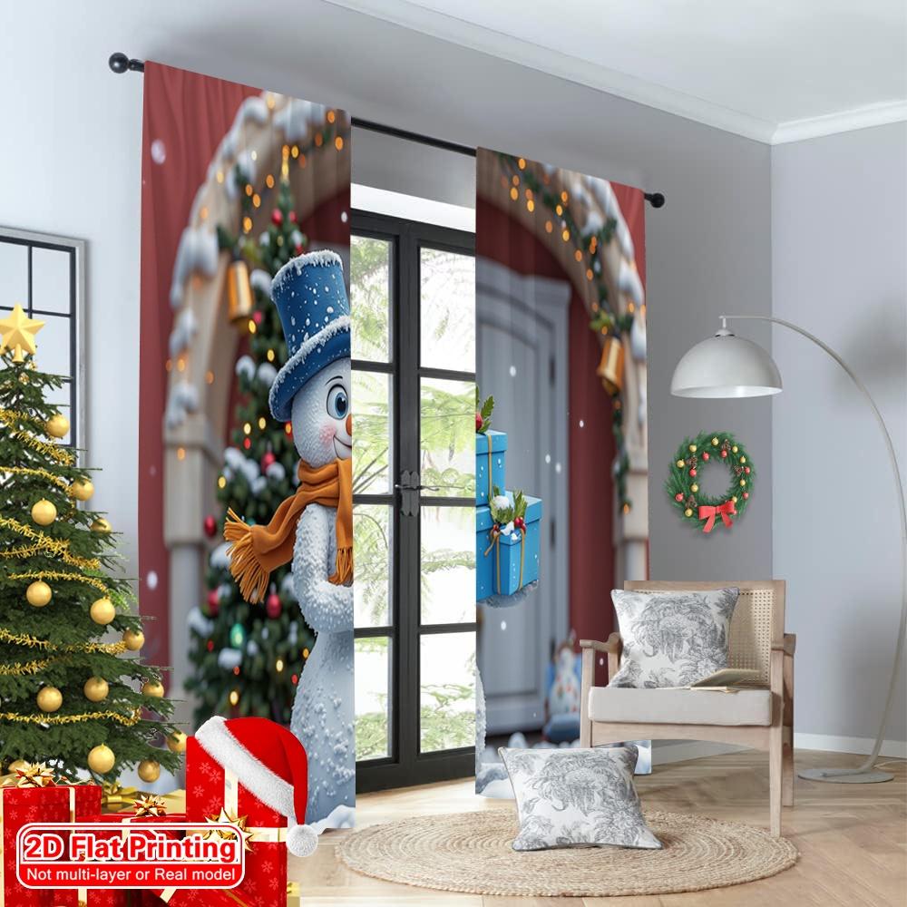 2pcs 2D flat printing Christmas Window Curtains Cute Snowman Christmas Gifts 100% Polyester Fabric Without Electricity Festive