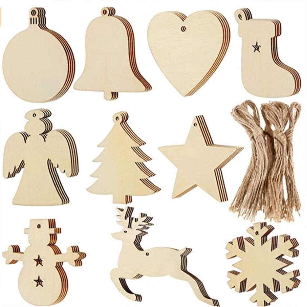 10/100Pcs Christmas Unfinished Wooden Snowflake Elk Ornaments Hanging Cutouts Blank Wood Slices with Cord Craft Embellishments