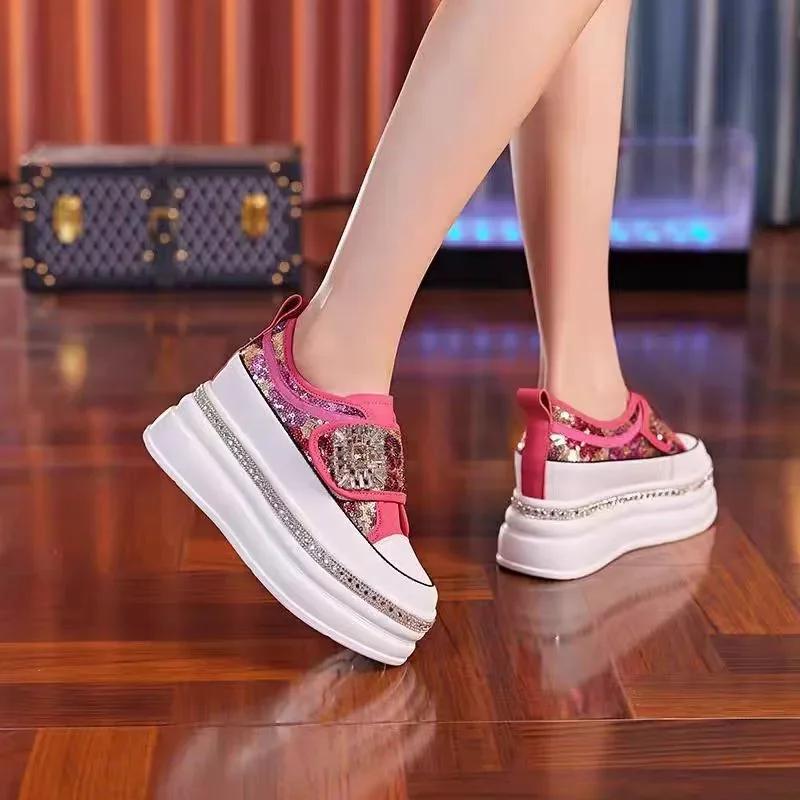 Fashion Women 8CM Platform Casual Outdoor Shoes Rhinestone Shine Decoration Sneakers Lace  Walking Sport Breathable Thick Bottom Shoes