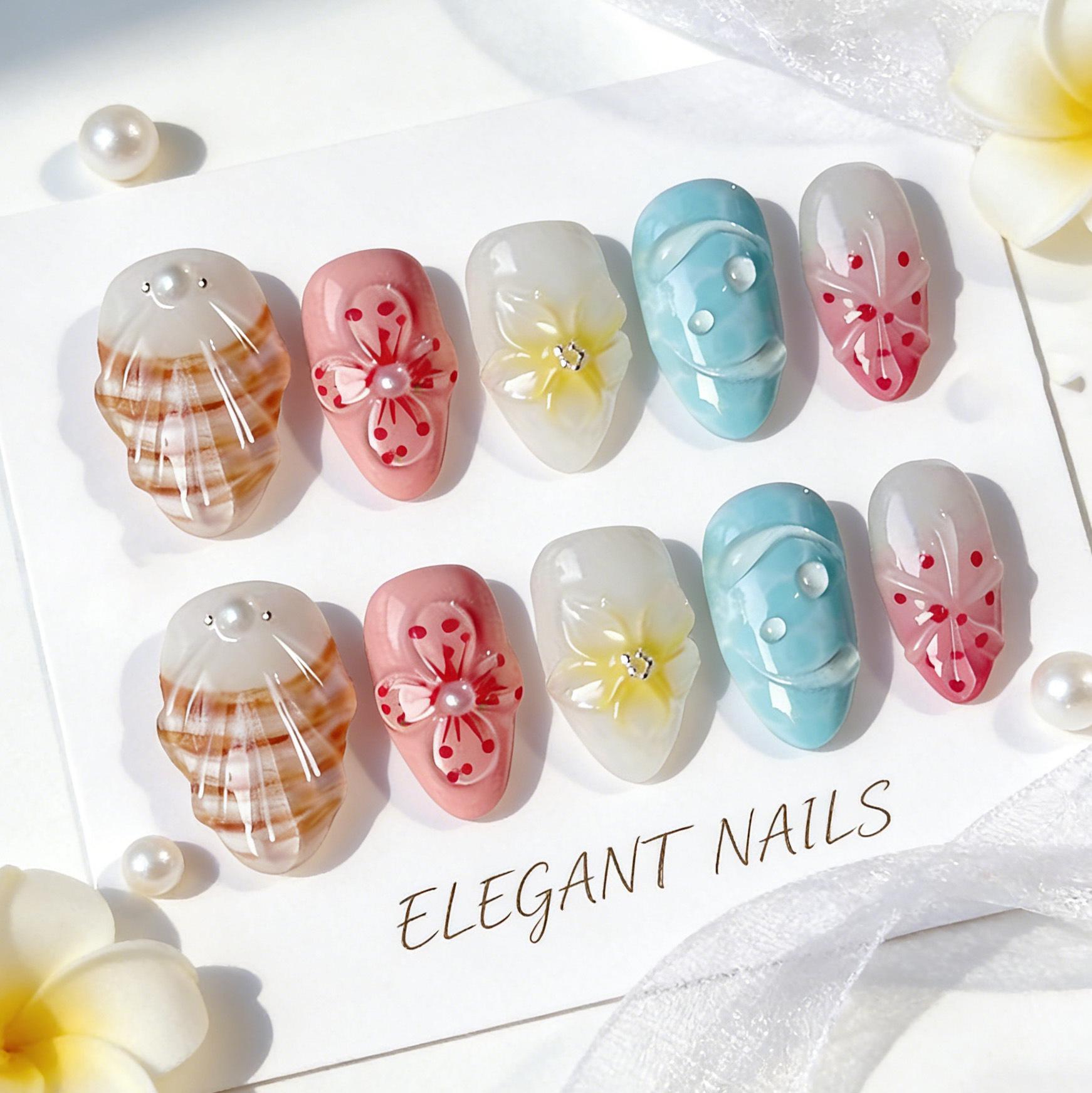 

European Handmade Floral Sparkle Nail Art: Short, Wearable, High-End False Nails Finished strips (3 pairs with full rhinestones)