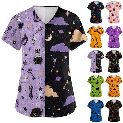 Women Short Sleeve Halloween Print V Neck Pocket Medical Scrub Top Nurse Uniform Shirt Comfortable Fit Durable Fabric