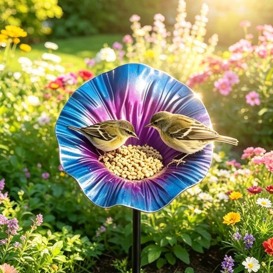 Metal Flower Bird Bath, Decorative Garden Bird Bath Feeder, Outdoor Wild Bird Feeder with 2-Prong Base for Garden Backyard Decor