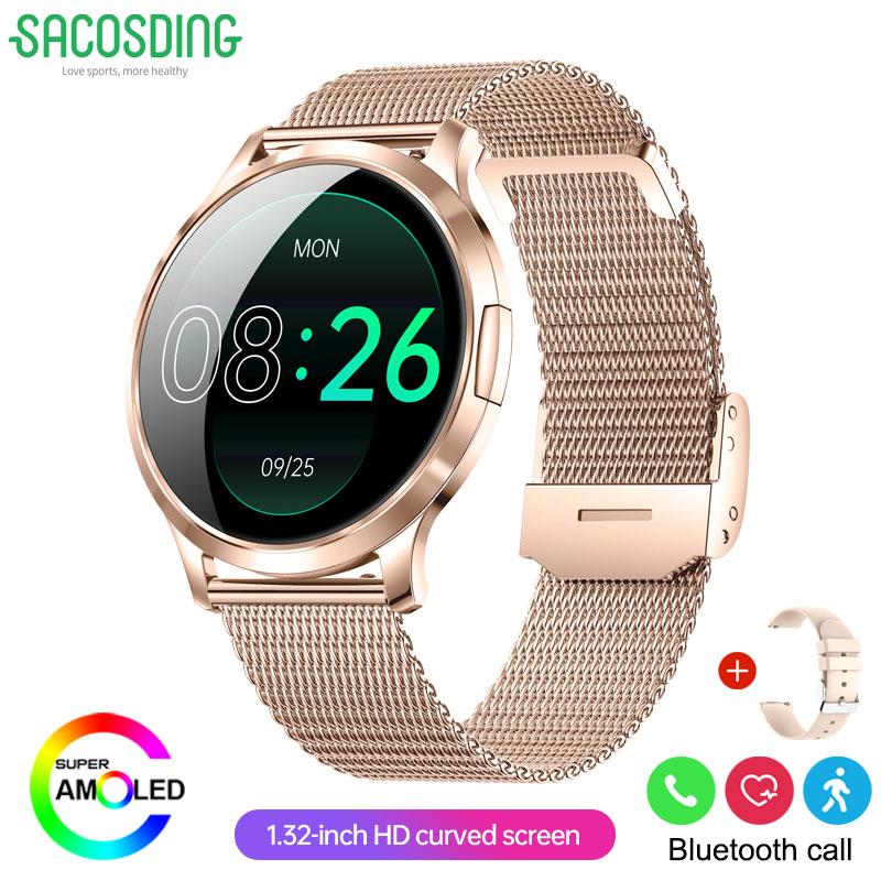 SACOSDING Women Fashion Smart Watch 1.32'' AMOLED Ultra-thin 3D Curved ScreenCustom Dial Bluetooth Call Waterproof Sport Ladiy Smart Watch