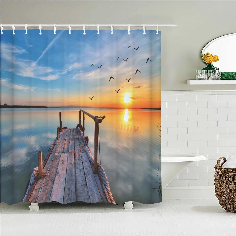 Sunlight Ocean Beach Fabric Shower Curtain Bathroom Curtains Sunset Dusk Sea Animal Dolphin Bath Screen with 12 Hooks 300x180