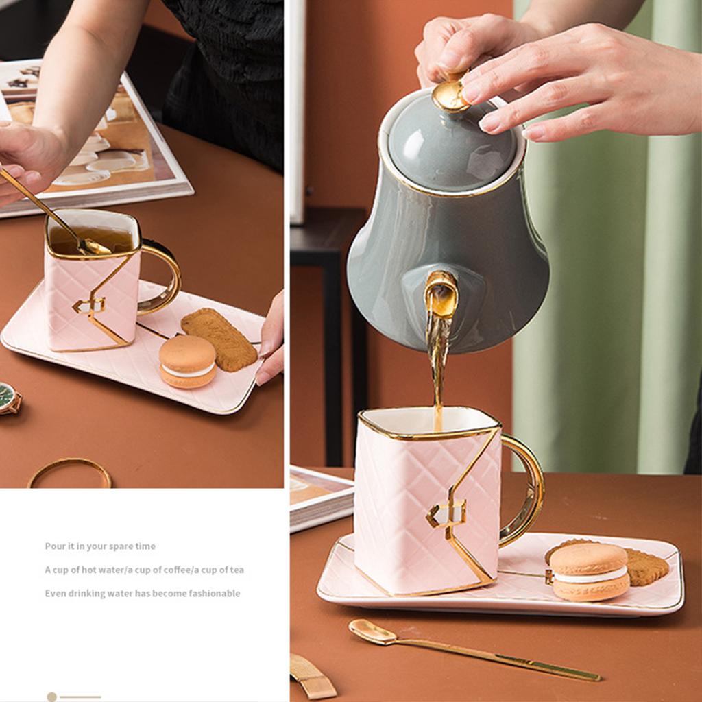 Tazza da 310 ml a forma di borsetta con cucchiaino in ceramica, elegante tazza da caffè