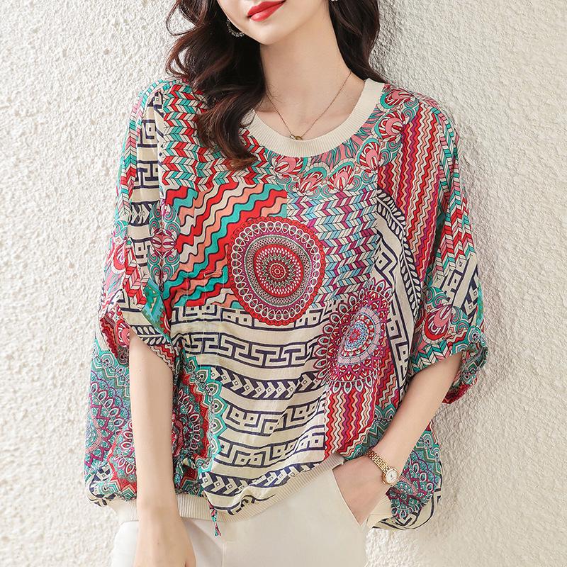 2023 Summer Plus Size Women's Loose Tencel Cotton Batwing Sleeve Sun Protective Tee