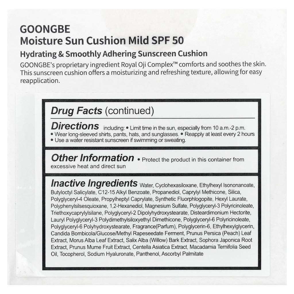 Goongbe Moisture Sun Cushion Sunscreen, Mild, SPF 50, 14g (0.49oz)