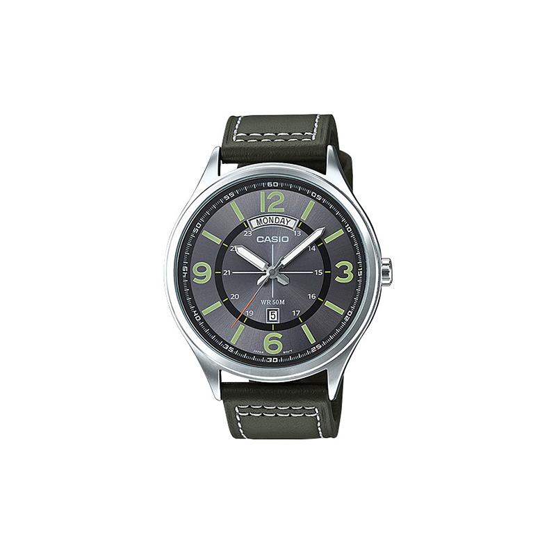 

Casio STANDARD series waterproof casual business simple analog watch leather strap metal case day display quartz movement Japanese and MTP-E129L-3A серый