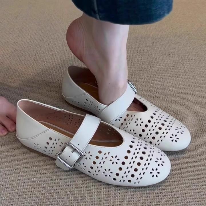 Bohemian hollow single shoes women's gentle hole shoes late evening breeze grandma shoes leather flat-soled French Mary Jane shoes