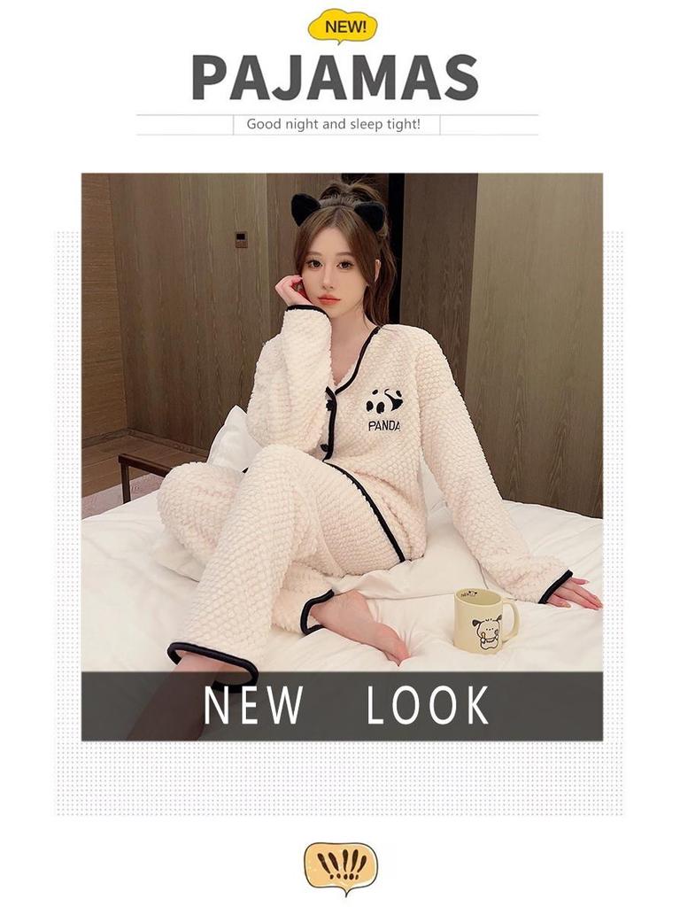 Pajama damska z różowego aksamitu flanelowego w dużym rozmiarze - Uroczy i ciepły kardigan na jesień/zimę