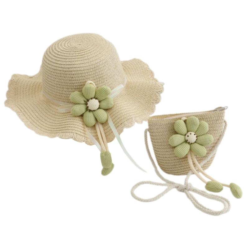 2Pieces Kids Summer Sun Hat And Bag Set Breathable Straw Braided Design For Beach Outdoor Activities