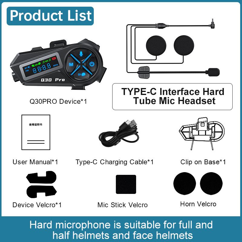 Q30Pro Motorcycle Helmet Bluetooth Intercom Headset LED Lighting Stereo FM Radio IP56 Waterproof Voice Assistant 500M Interphone