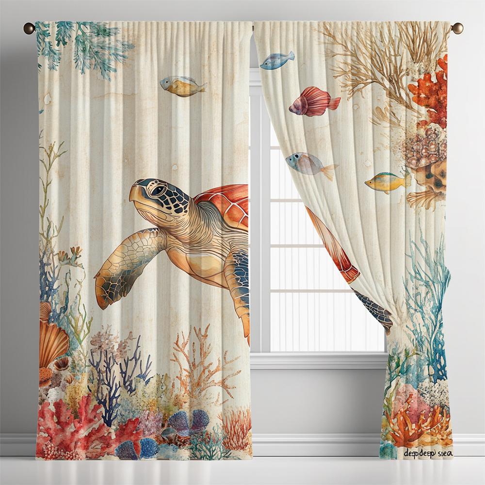 Ocean Turtle Coral Curtains Set of 2 Rod Pocket Semi Sheer for Living Room Bedroom Kids Room Decor