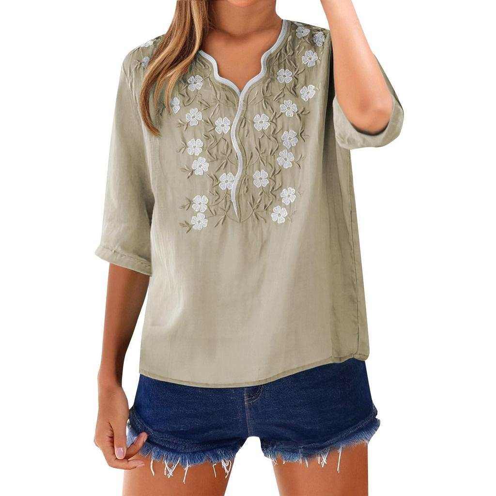 Women's Fashion Cotton Linen Casual Retro Loose Seven Sleeve Pullover T-Shirt Top