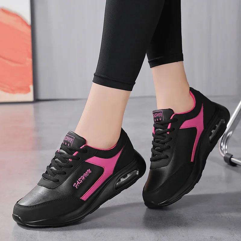 Ladies Non-Slip Jogging Shoes Lightweight Leather Waterproof Running Shoes Women Four Seasons Fashion Cushioning Casual Sneakers