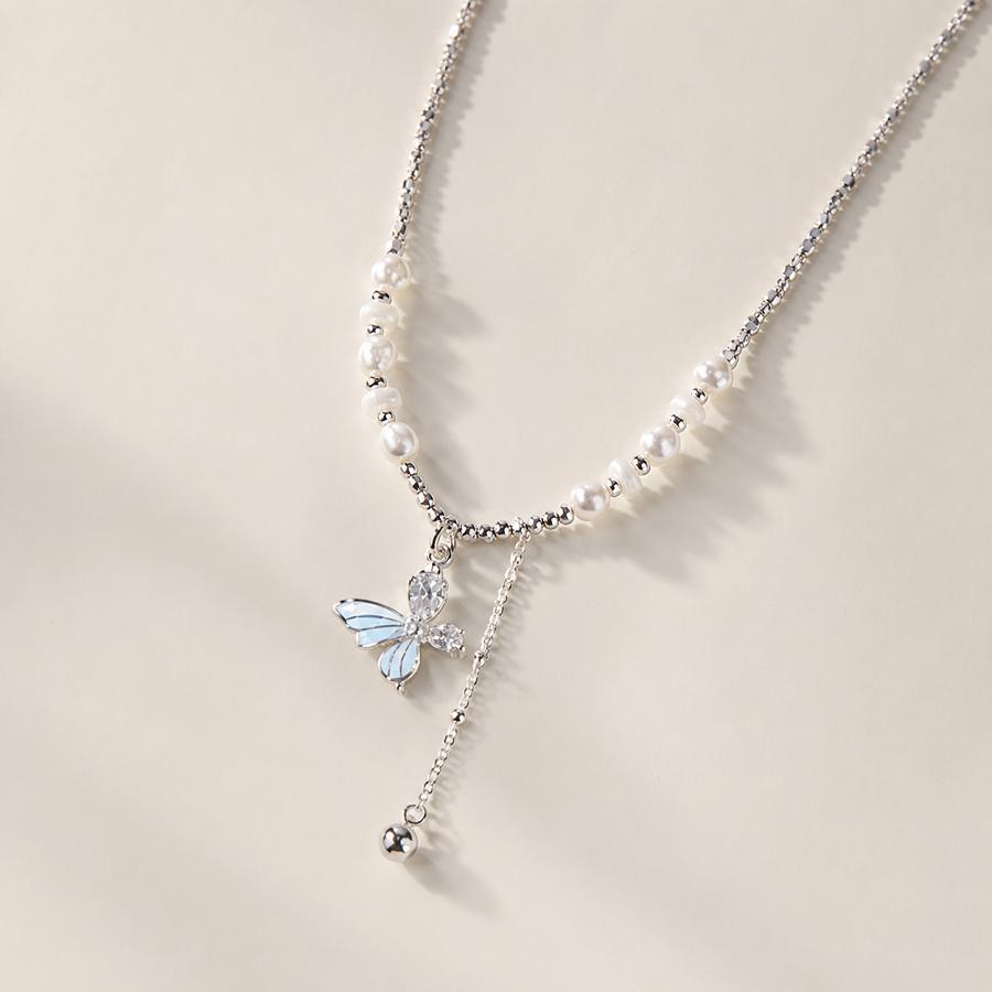 S925 Sterling Silver Blue Butterfly Necklace, Y2K Fairycore Asymmetrical Pearl Choker, Y-Drop Tassel Collarbone Chain, Soft Girl Aesthetic Gift