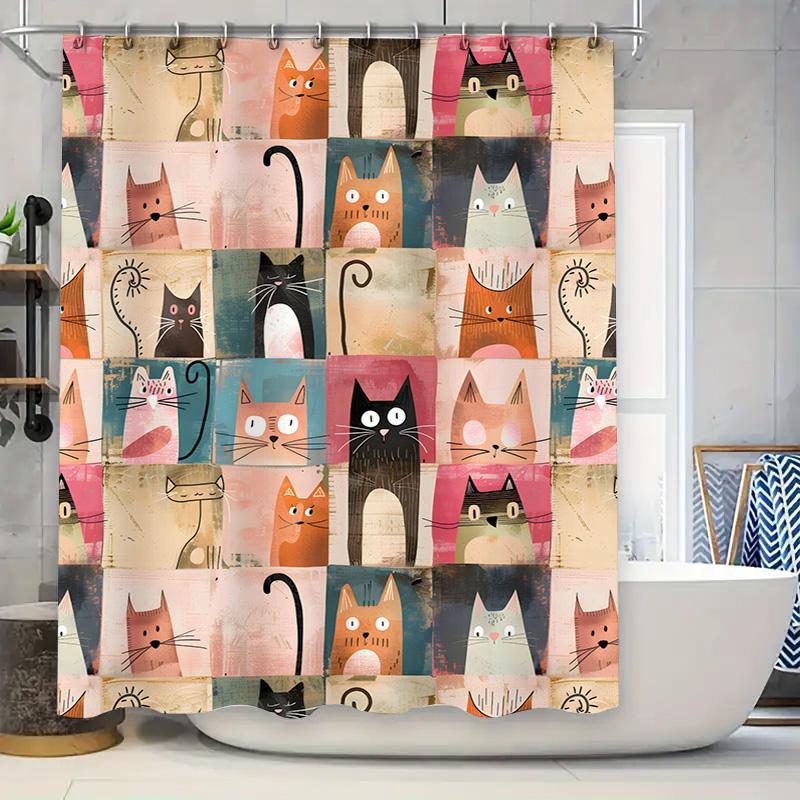 Vintage Style Cat Pattern Shower Curtain Modern Bathroom Decor Waterproof Fabric Wall Hanging Various Colors Available