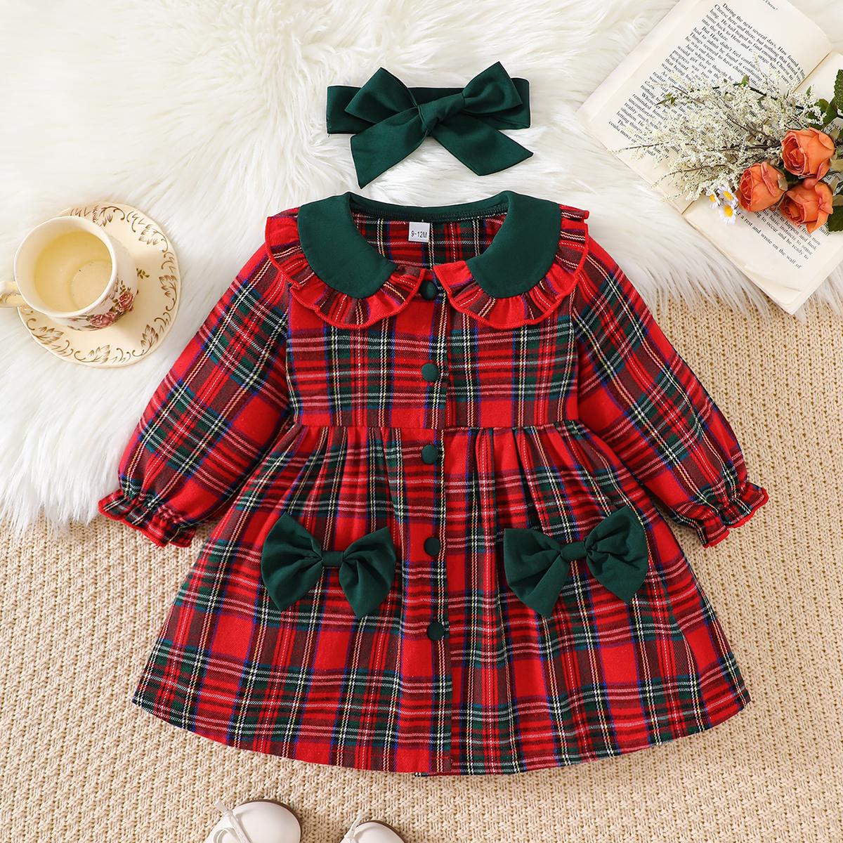 aby Girls Plaid Dress with Ruffled Peter Pan Collar, Bow Accents and Matching Headband 6-9M сарай красный