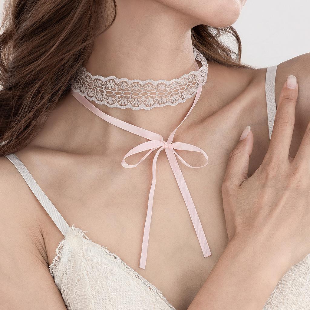 Sweet Bow White Lace Double Neck Chain Choker Simple Ribbon Knotted Collar Women