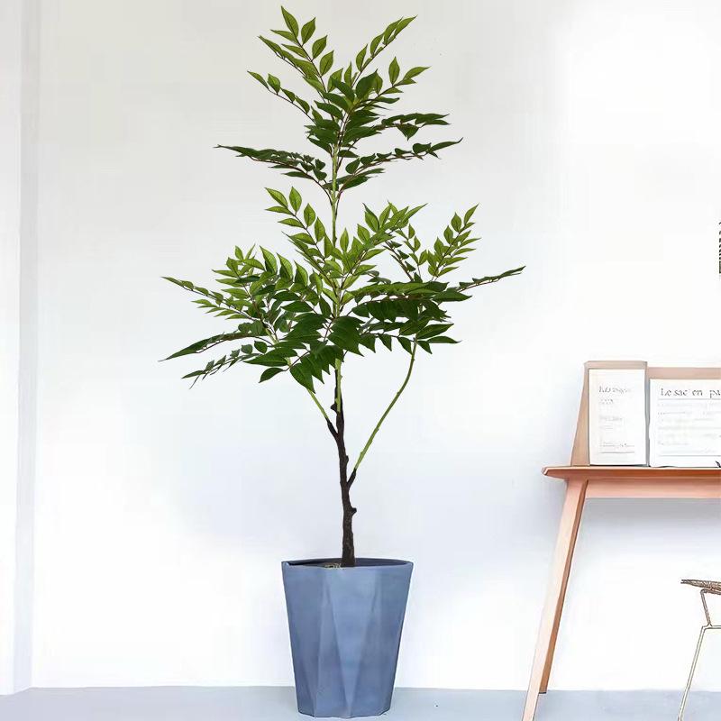 High-End Faux Potted Plant with Green Painted Wooden Leaves for Home and Courtyard Décor.