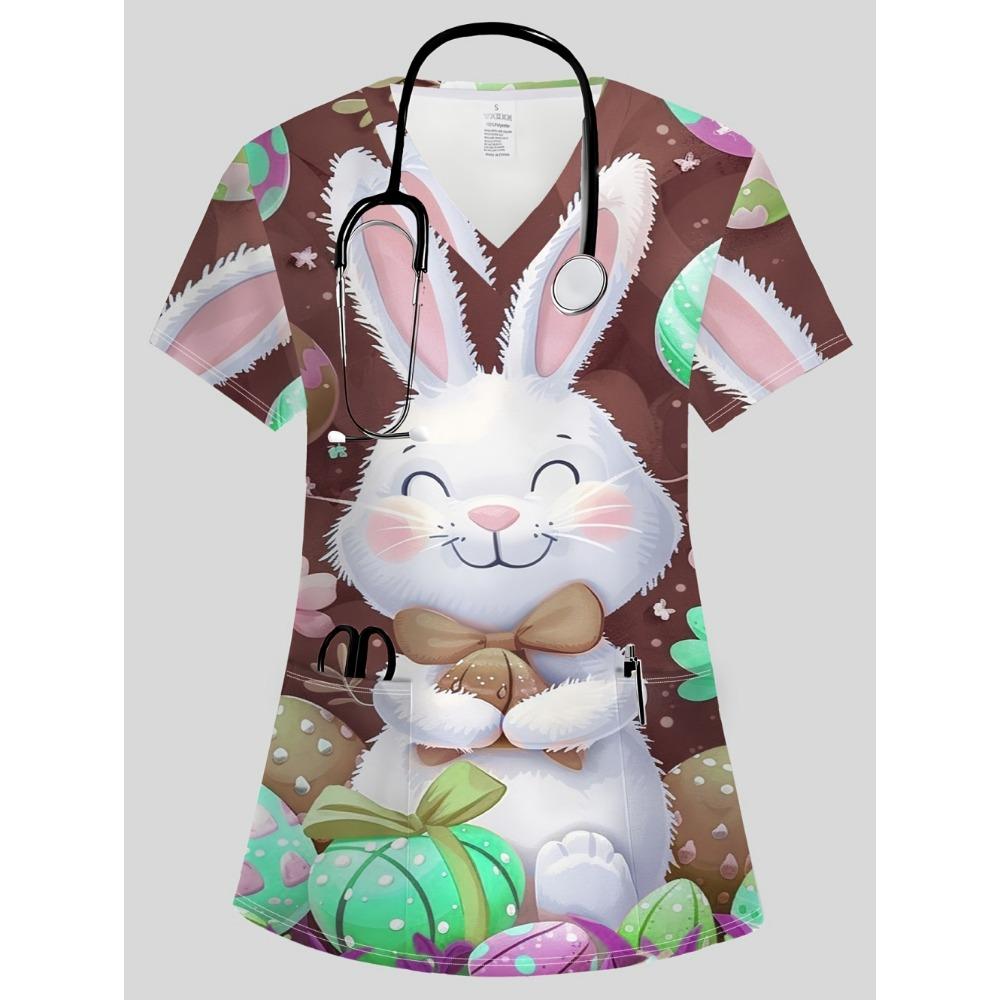 Clinical Uniform Woman Vet Easter Themed Print Top Summer Elegant V-Neck Short Sleeve with Pockets Dentist Scrubs Uniform Woman