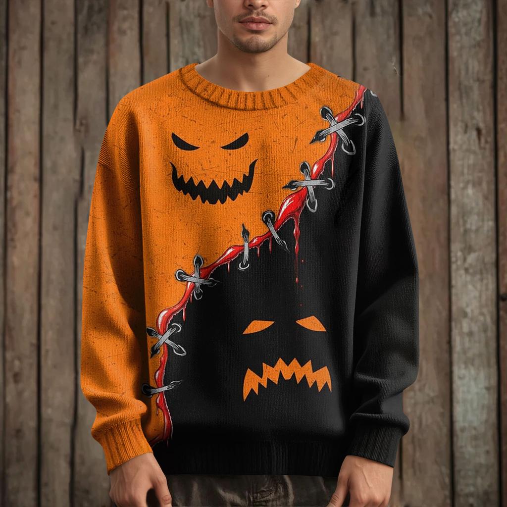 Herre Langermet Pullover Genser Casual Halloween Trykk Strikket Oversized Genser