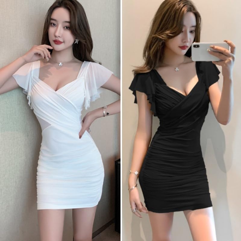 ISLAYCAOLILA Tilda E69 Lake Tight Mini Flared Cabaret Mini Club Party Dress Women's Dress, (L, Blue), Dress, See-through Sweater, Sleeves, Waist-Sewn,