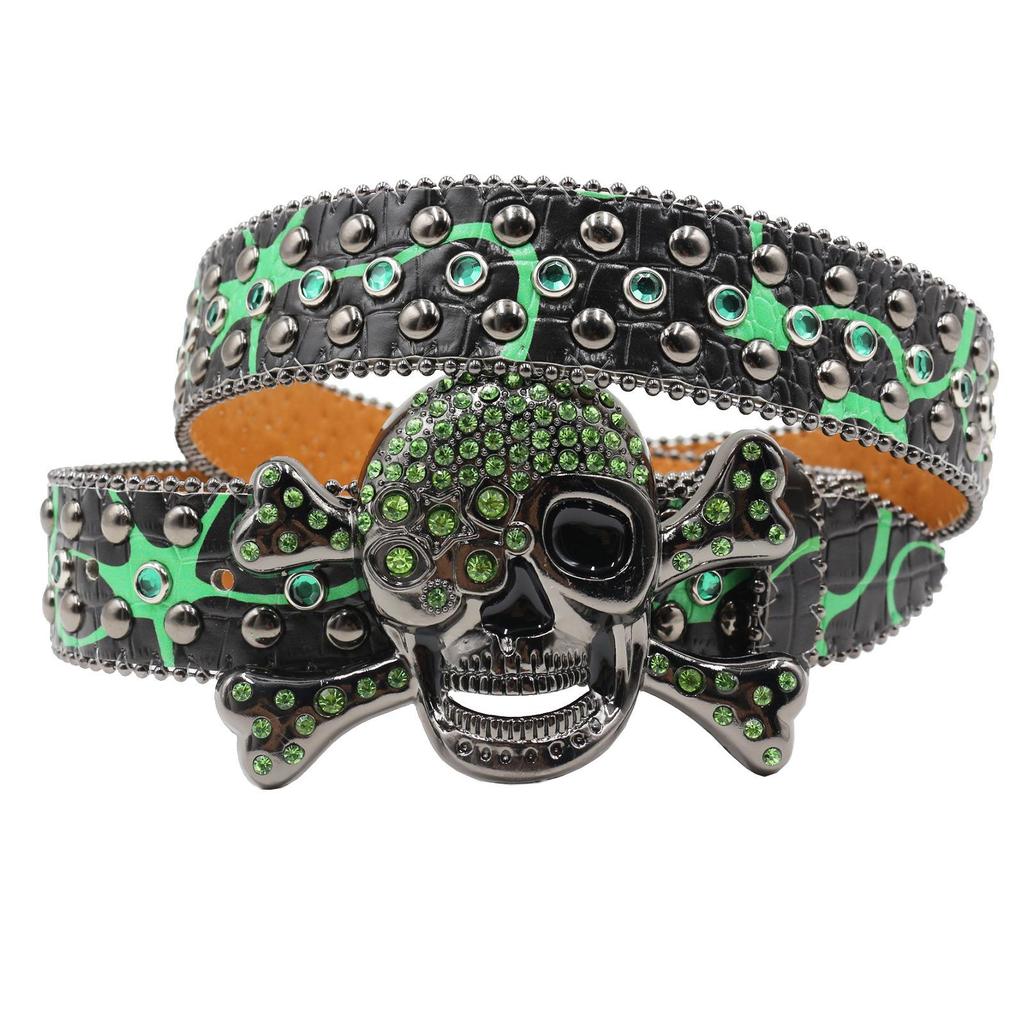 Unisex Rhinestone Skull Leather Belt - European Style Denim Waistband