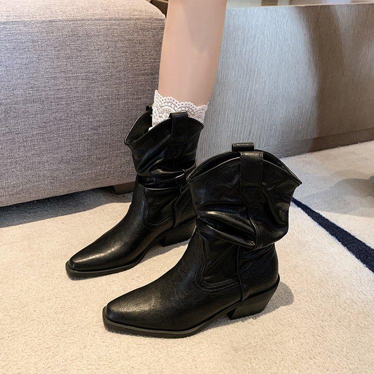 Cowhide version~ Zhao Ruth has the same pointed pile boots, short boots, high-heeled retro western knight boots, V-mouth medium boots.