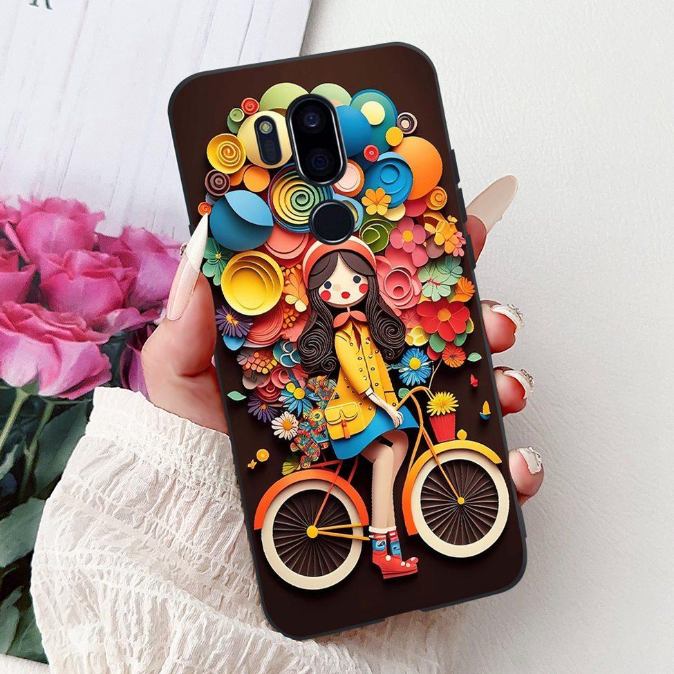 Para LG G7 ThinQ Funda Silicona Negra Gato Lindo Flores de Moda Trasera Pintada Genial Para LG G7ThinQ Funda de Teléfono LMG710EM
