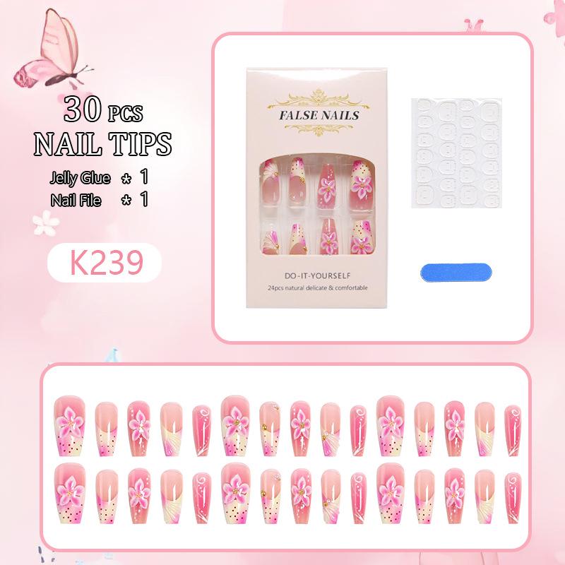 Pink Floral 3D Stereoscopic Wearable Nails with Pearls and French Shell Design