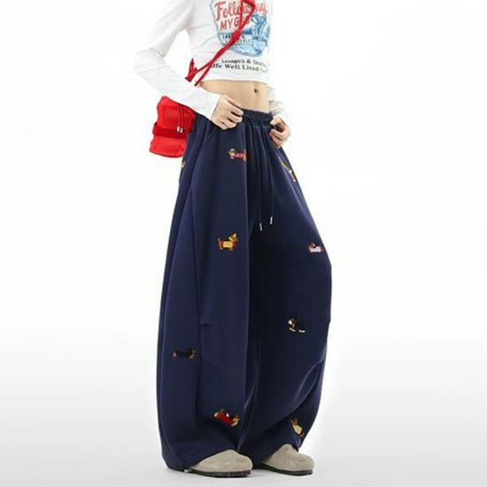 Unisex Retro Embroidered Puppy Wide Leg Pants - Lazy Style, Straight Leg, Crooked Knife Design for Spring and Autumn