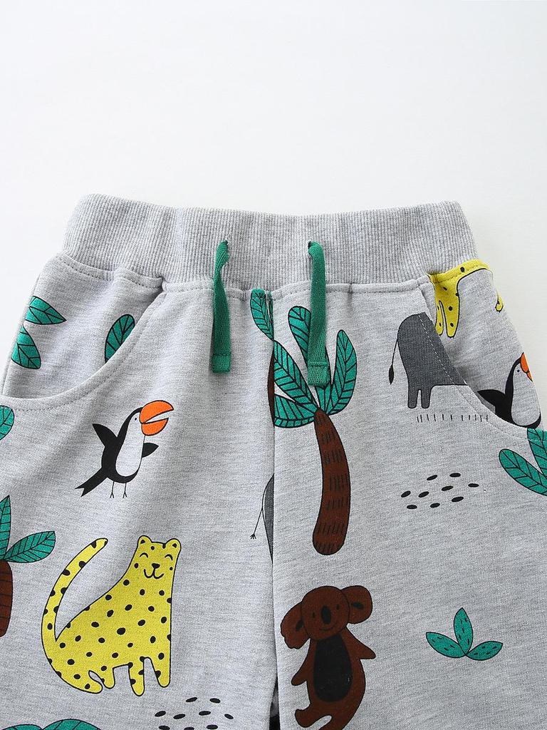 Boys' Summer Short Sleeve Set with Luminous Animal Print, Knit Cotton Sportswear