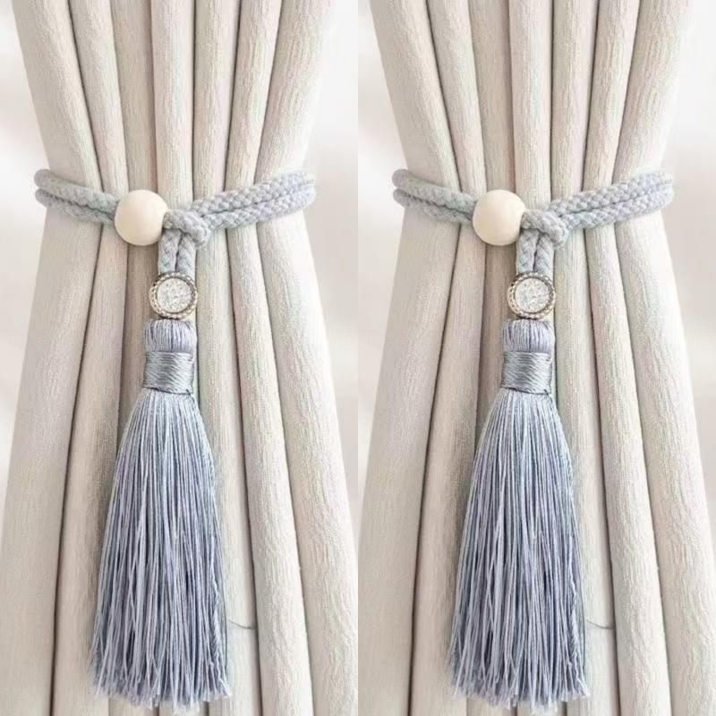 2 Piezas Chic Bohemio Cordón de Algodón Ajustable Cortina Amarre Borla - Tejido a Mano, Correa Hebilla de Cortina con Anilla de Madera