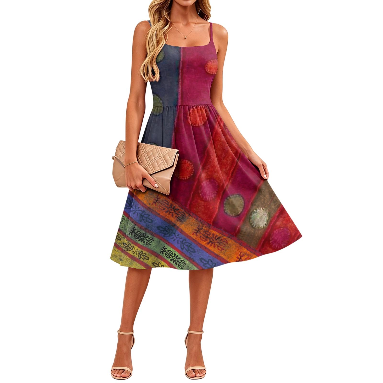 Women’s Sleeveless Floral Print Casual Dress Adjustable Strap Midi Sundress with Pockets Square Neckline Summer Style XL