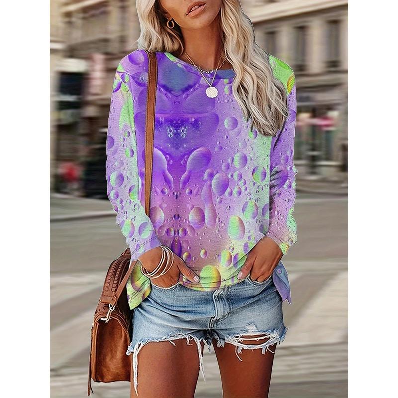 

Большой размер 2025 Лето Новинка Женская футболка с нерегулярным узором в виде капель воды, круглым вырезом и длинным рукавом, для отпуска, пляжа 8XL