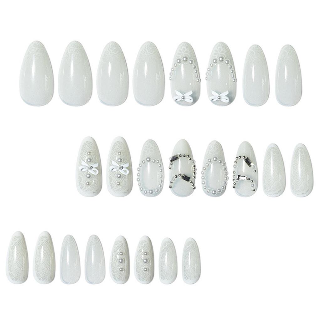 Lace Texture White Bows Pearl Rhinestone Fake Nails 24 Pieces Resin Material