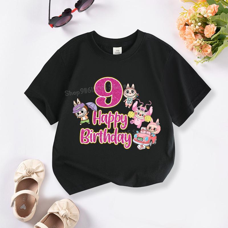 

Футболка на день рождения девочки Лабубу, милая детская футболка с коротким рукавом и цифрой, одежда для малышей, топы с мультяшным принтом, летняя детская одежда 140